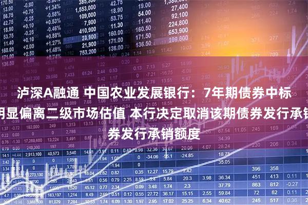 泸深A融通 中国农业发展银行：7年期债券中标价格明显偏离二级市场估值 本行决定取消该期债券发行承销额度